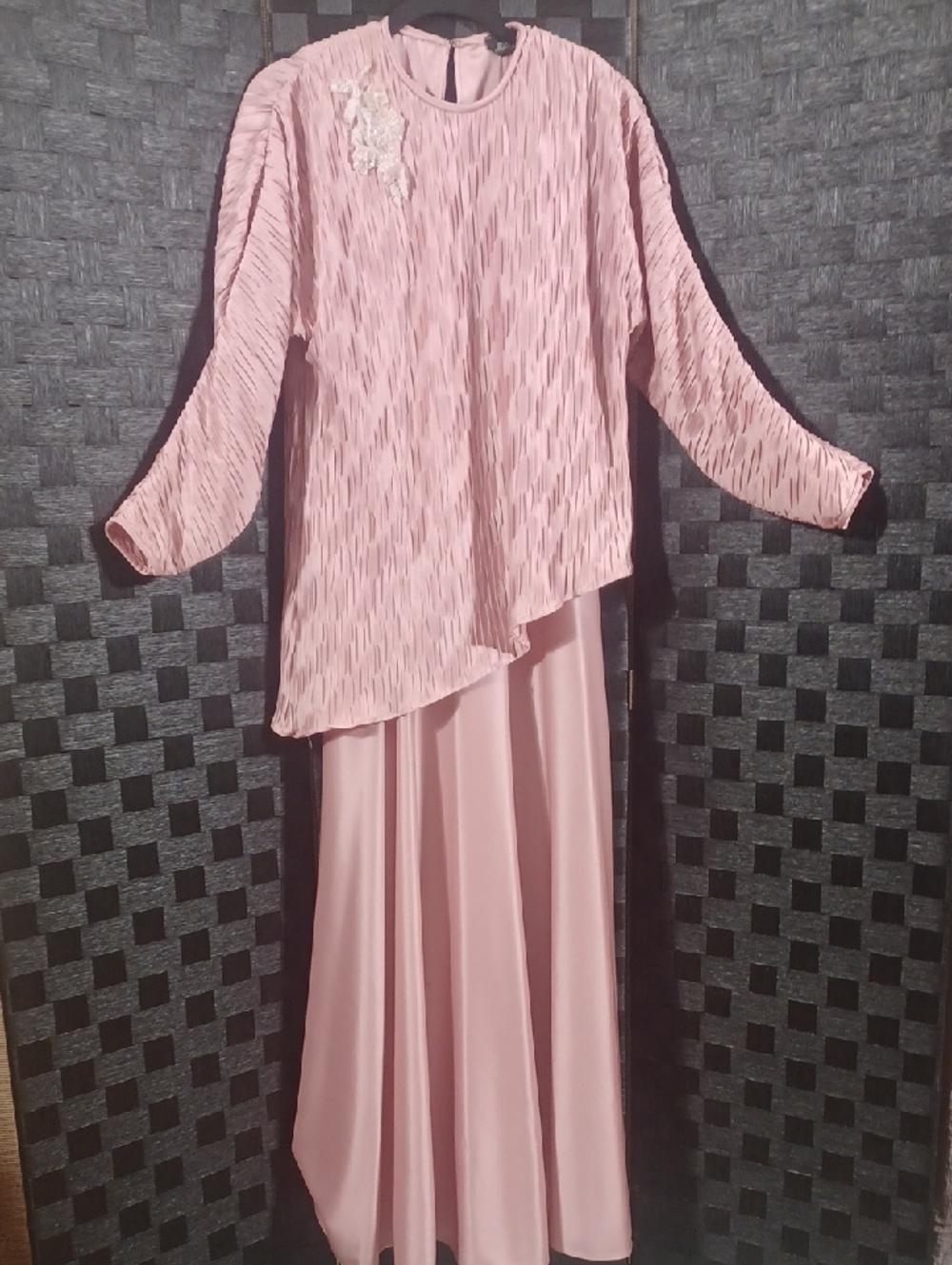 Soft Pink Maxi Skirt Set with Pleated Overlay